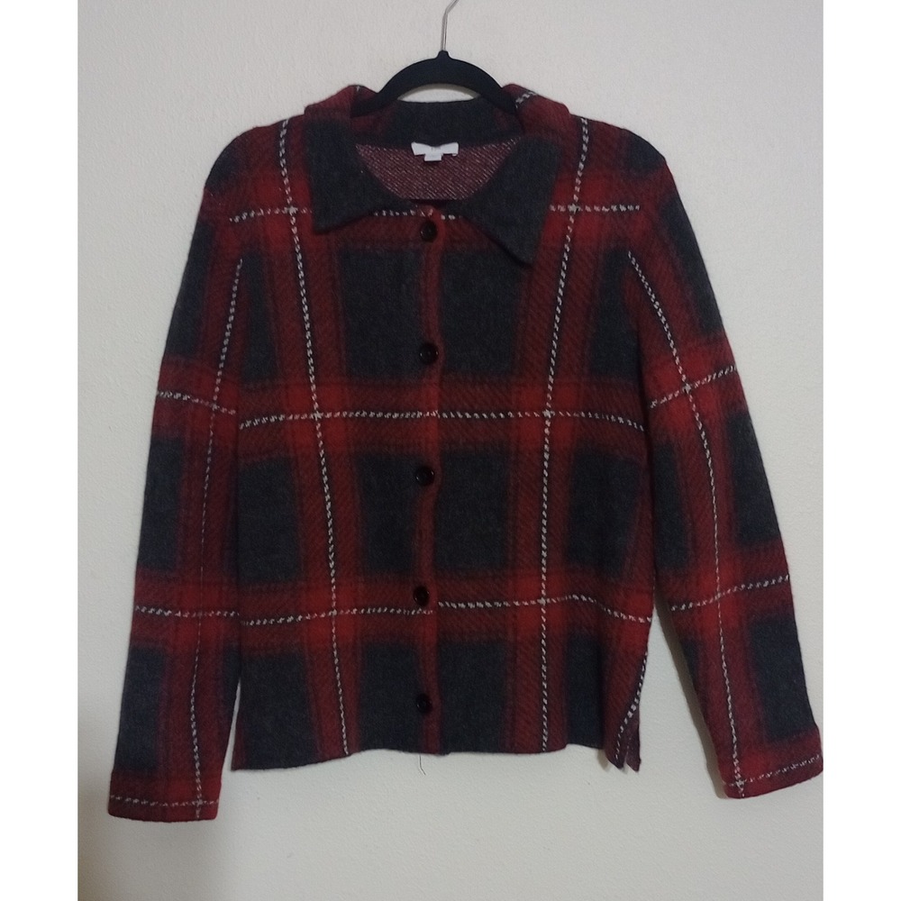 J.Jill Womens Red Black Plaid Wool Blend Button Front Cardigan Sweater/Jacket MP
